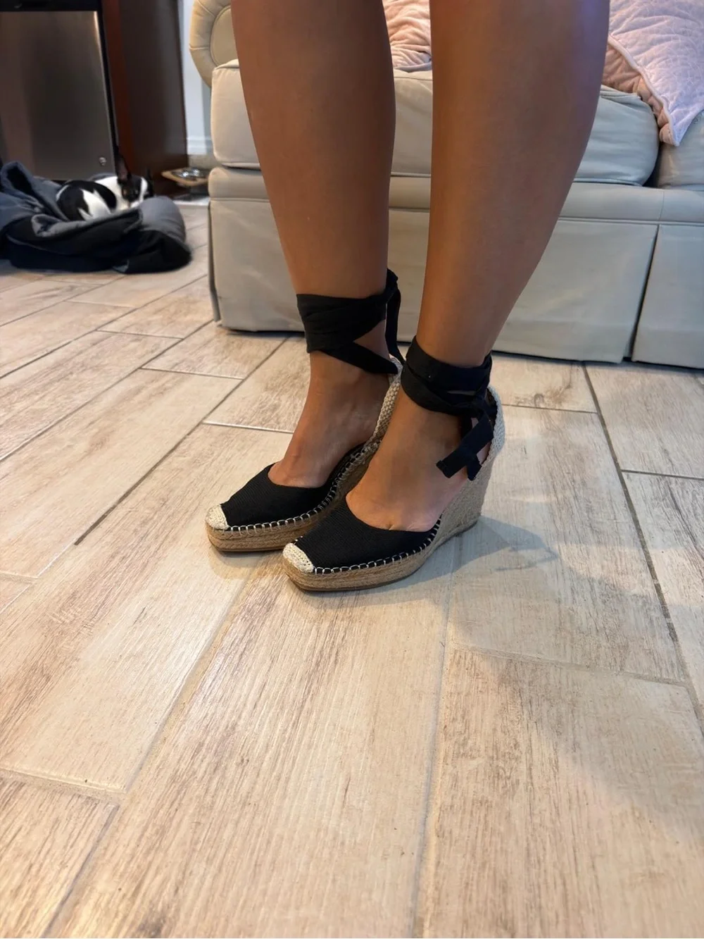 Zara Black Espadrille Wedge Sandals with Natural Trim size 7.5